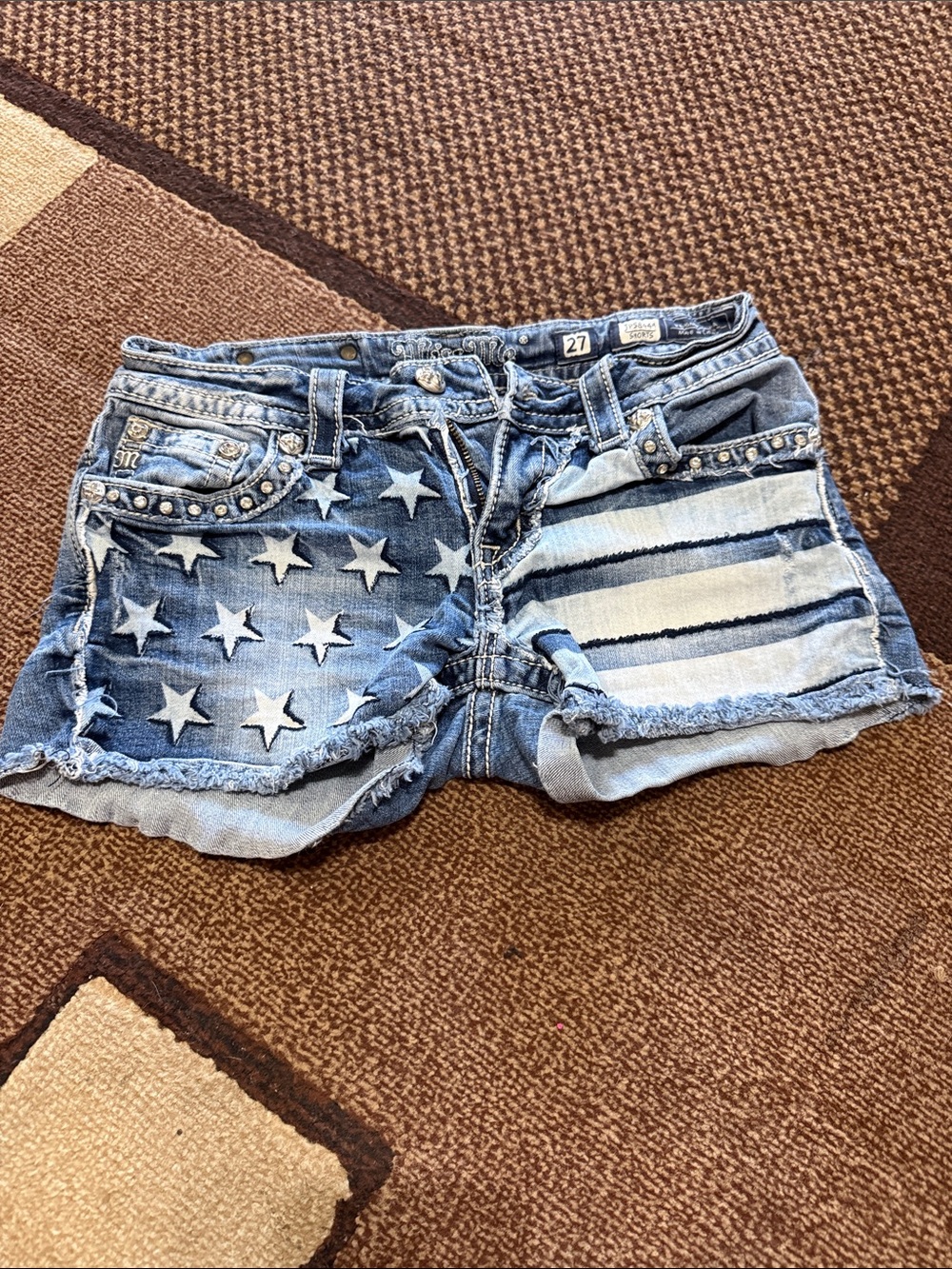 Miss Me Blue Denim Star & Stripe Cutoff Shorts